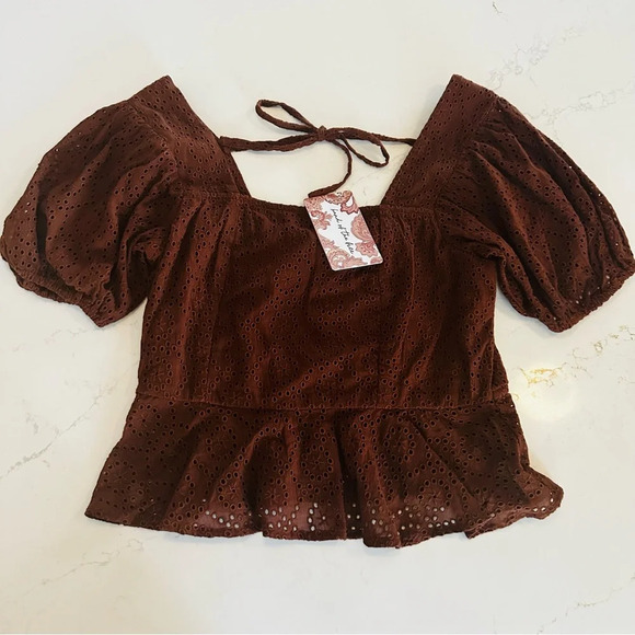BAND OF THE FREE Palmer Eyelet Lace Walnut Brown Boho Peplum Top NWT Medium - Picture 4 of 8
